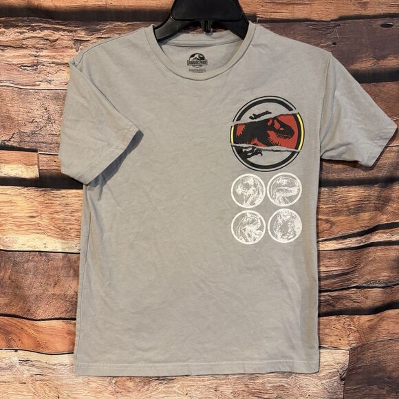 Jurassic Park Kids T-Shirt Large 10/12 Grey Short Sleeve Double Sided Dinosaurs - Picture 1 of 9